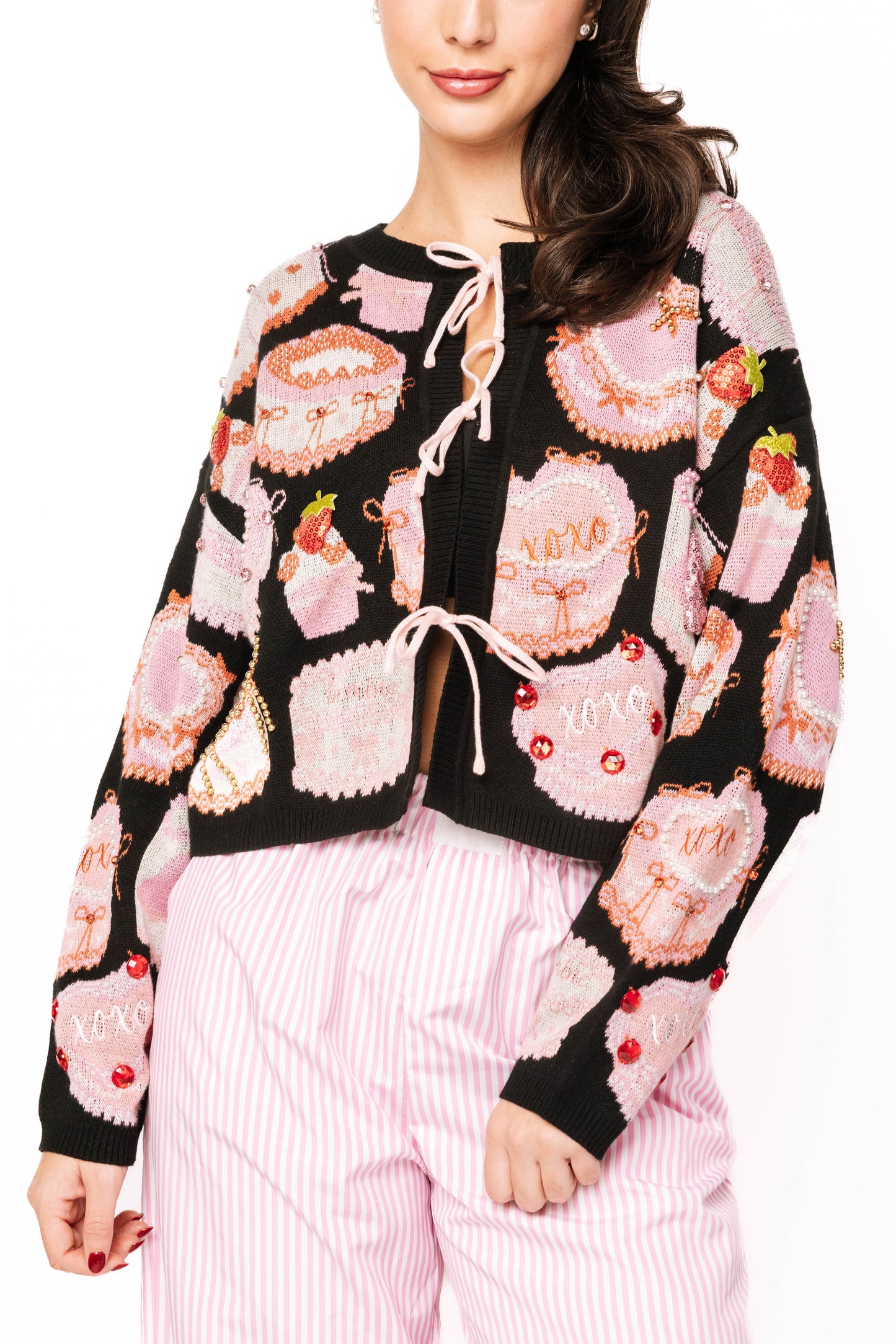 QUEEN OF SPARKLES Black Cake & Pastries Valentine Tie-Up Sweater