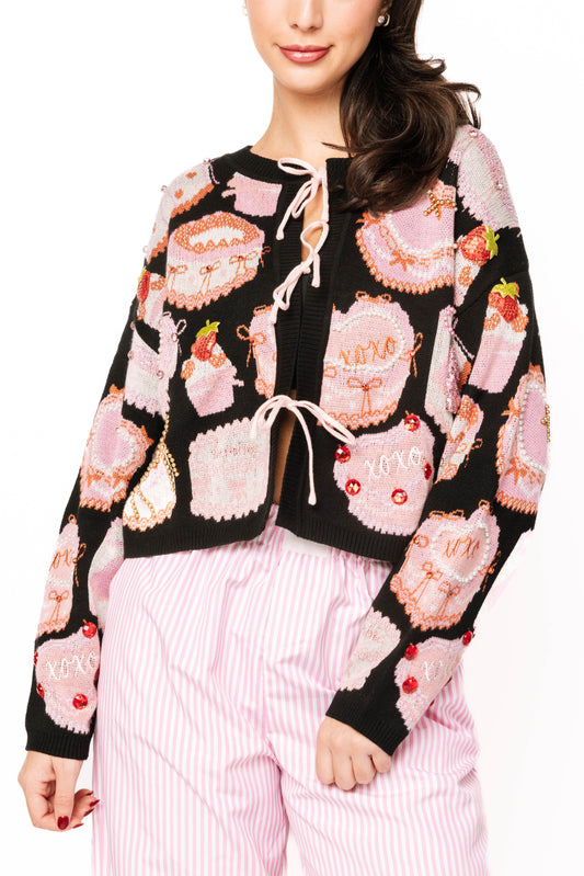 QUEEN OF SPARKLES Black Cake & Pastries Valentine Tie-Up Sweater
