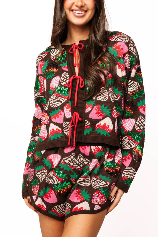 QUEEN OF SPARKLES Valentine's Day Brown Multi Strawberry Tie Up Sweater